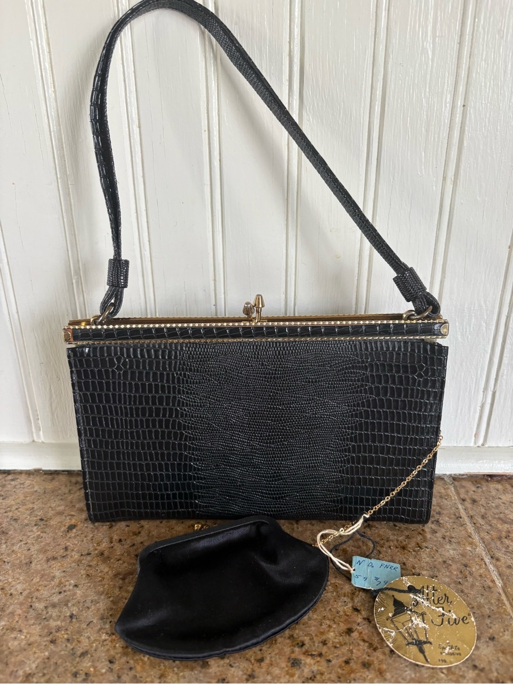 NWT Vintage MCM Black Croc-Textured Gold tone Kiss Lock Frame Top Handle Bag